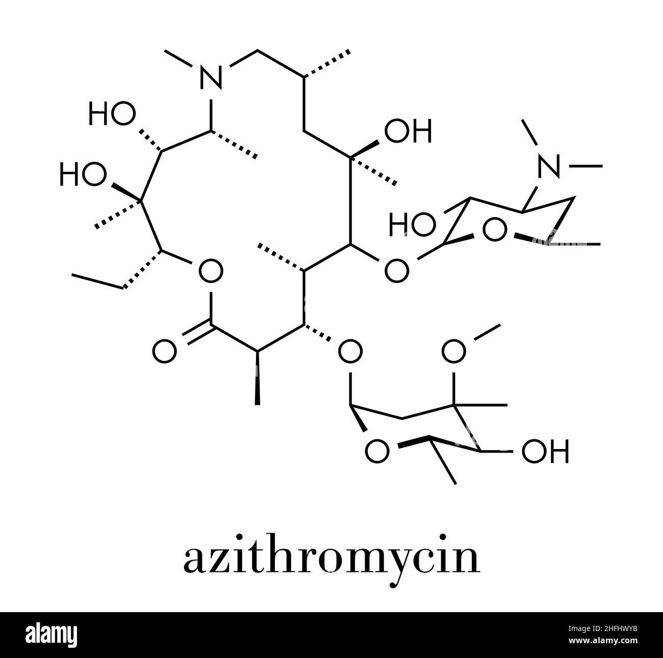 Azithromycin antibiotic drug (macrolide class) molecule. Skeletal