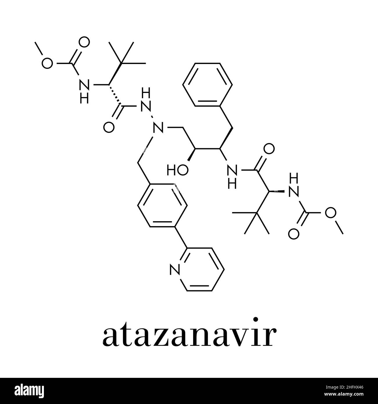 Atazanavir HIV drug (protease inhibitor class) molecule. Skeletal formula. Stock Vector
