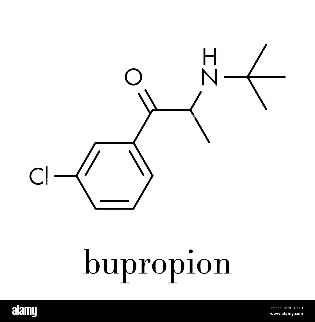 Bupropion antidepressant and smoking cessation drug molecule. Skeletal formula. Stock Vector