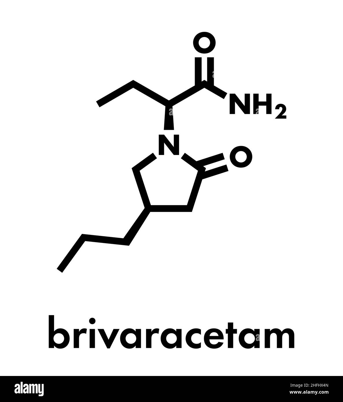 Brivaracetam anticonvulsant drug molecule. Used in treatment of seizures. Skeletal formula. Stock Vector