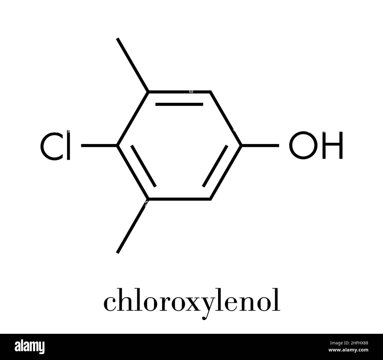 Chloroxylenol antiseptic molecule. Disinfectant used against bacteria, algae, fungi and viruses. Skeletal formula. Stock Vector
