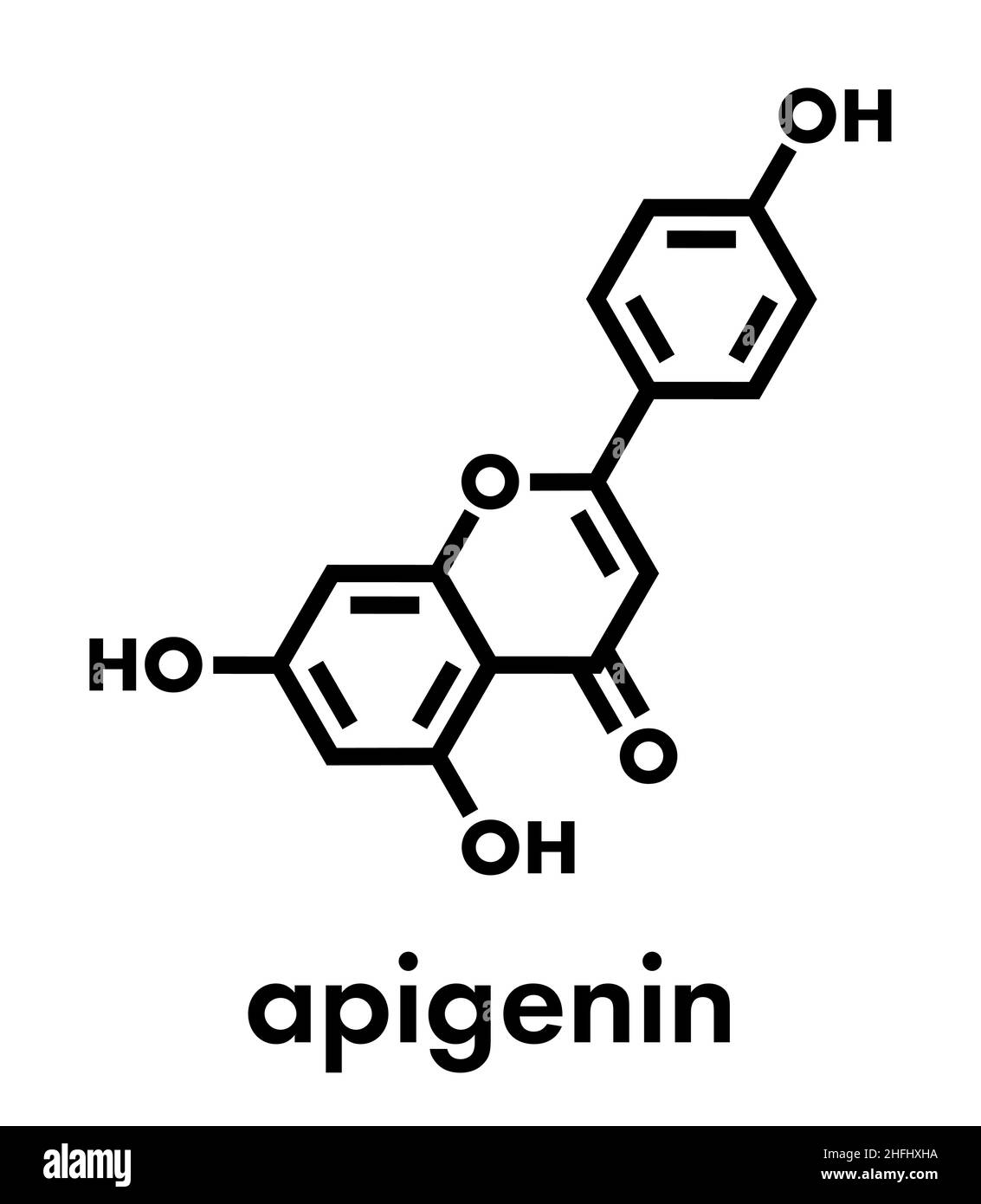 Apigenin yellow herbal dye molecule. Skeletal formula. Stock Vector