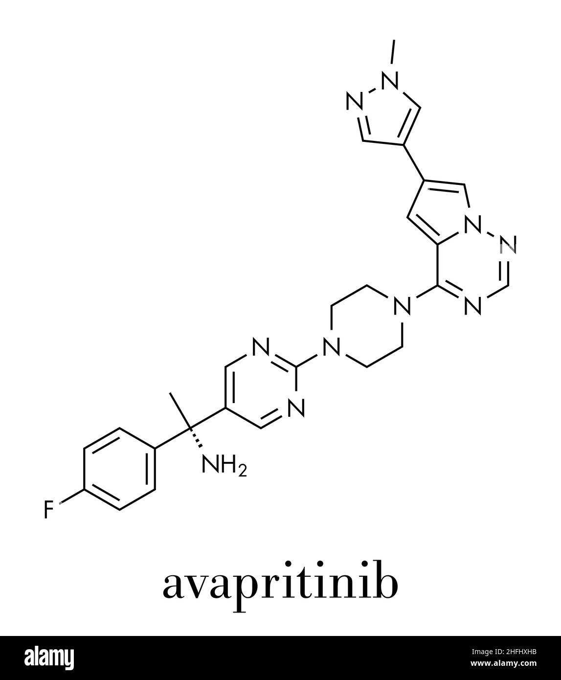 Avapritinib cancer drug molecule. Skeletal formula. Stock Vector