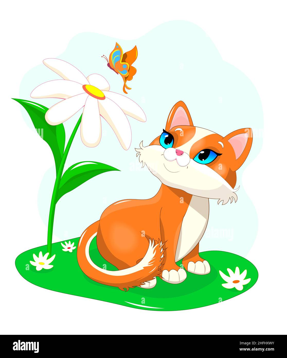 Cartoon kitten sits on the lawn and looks at the butterfly above the flower. Stock Vector