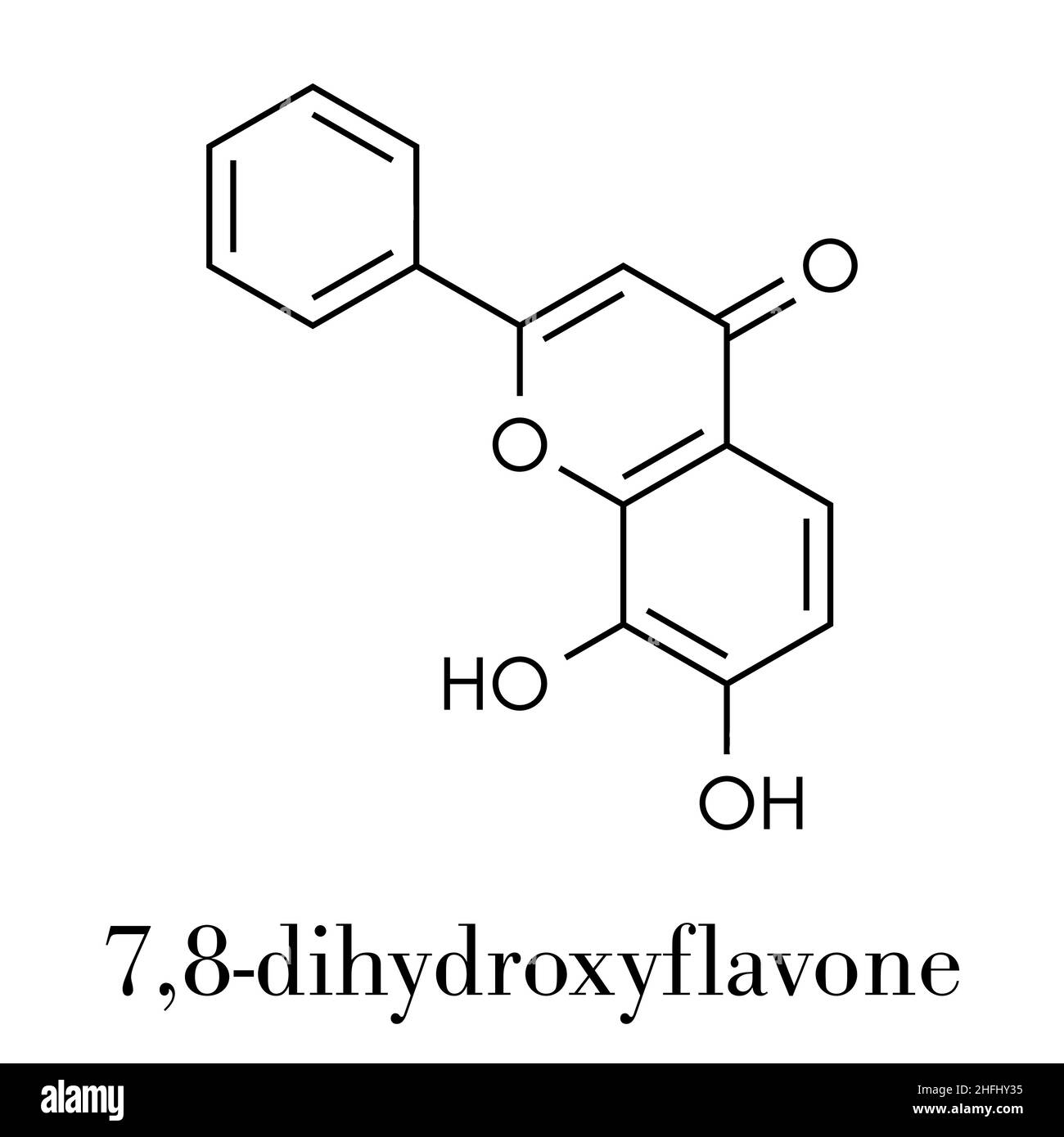 7,8-Dihydroxyflavone or 7,8-DHF molecule. Skeletal formula. Stock Vector