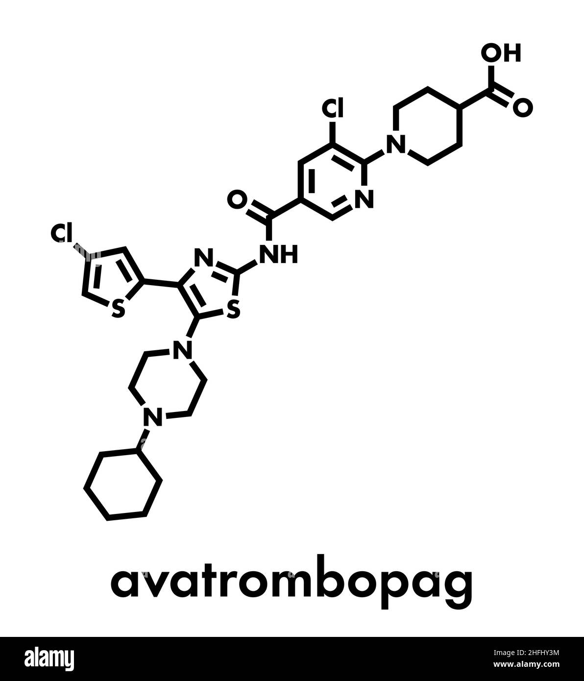 Avatrombopag thrombocytopenia drug molecule. Skeletal formula. Stock Vector