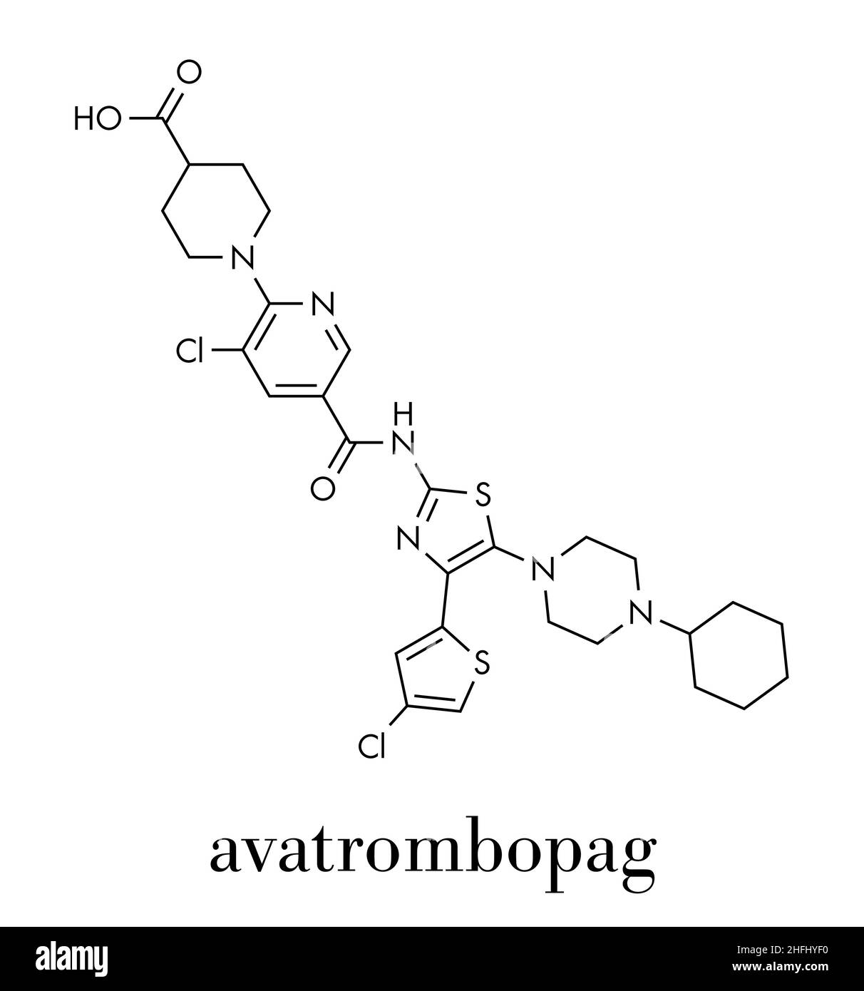 Avatrombopag thrombocytopenia drug molecule. Skeletal formula. Stock Vector