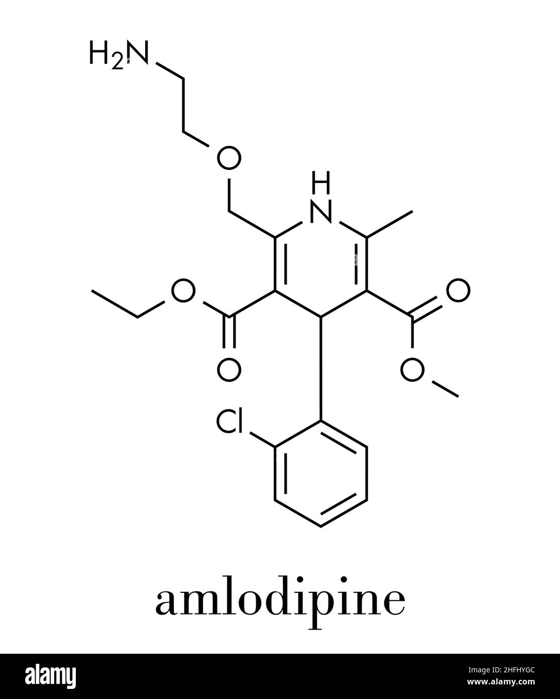 Amlodipine hypertension (high blood pressure) drug molecule. Skeletal formula. Stock Vector
