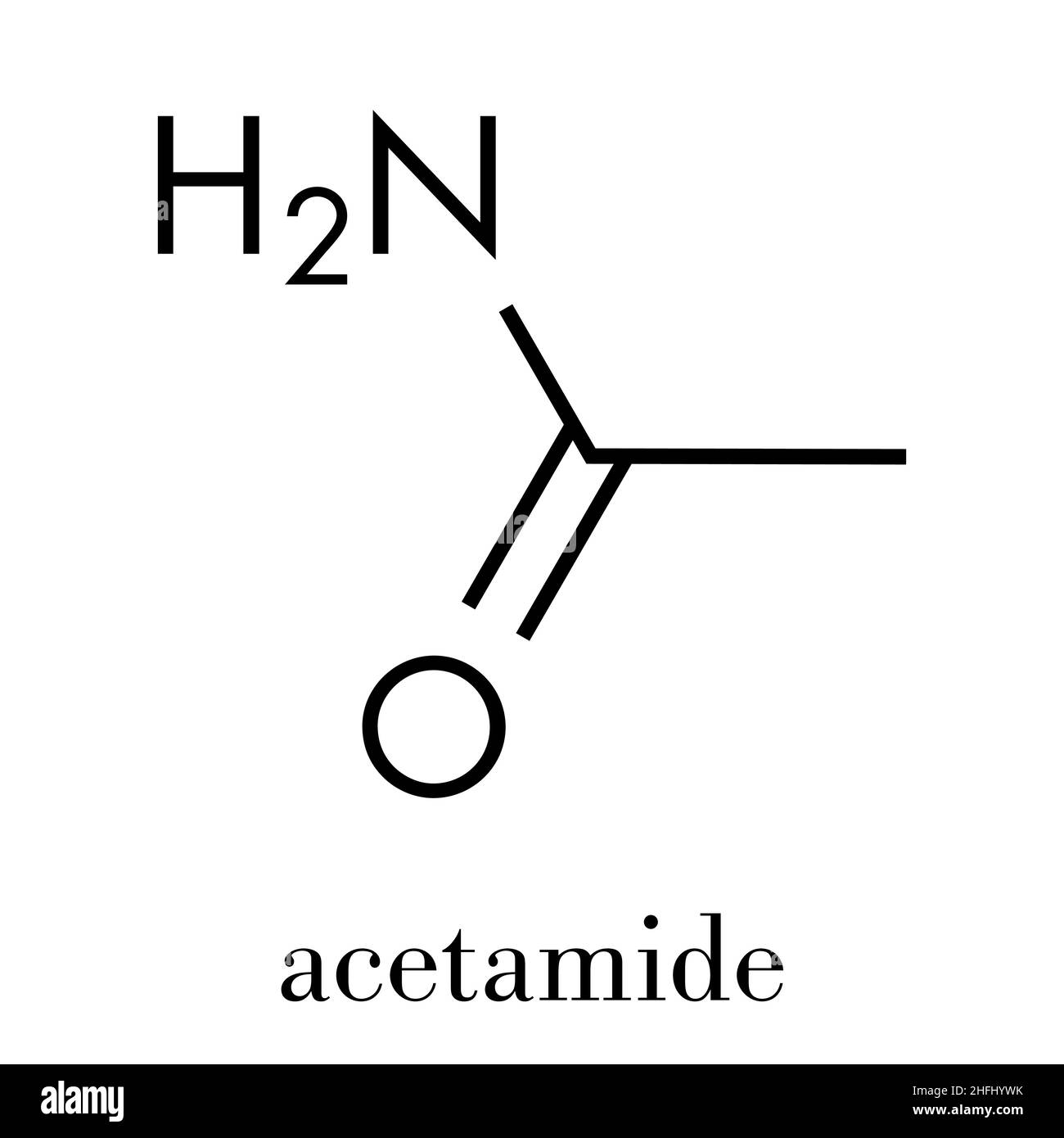 Acetamide (ethanamide) molecule. Used as plasticizer and industrial solvent. Carcinogenic (known to cause cancer). Skeletal formula. Stock Vector