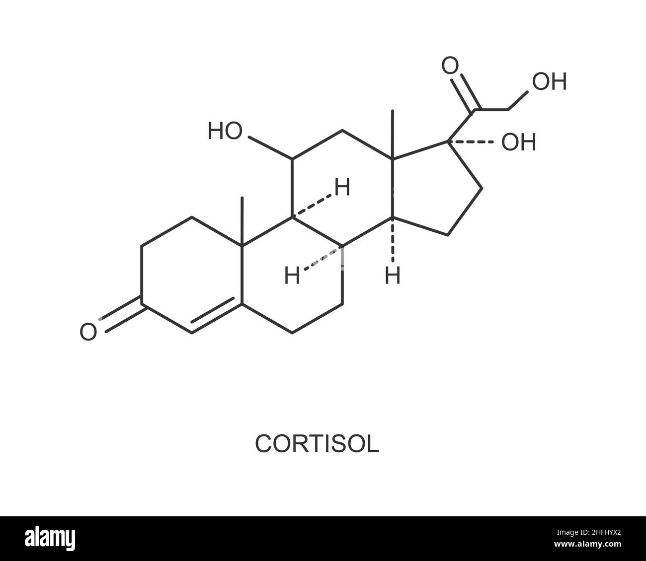 Cortisol hormone icon. Hydrocortisone chemical molecular structure isolated on white background. Vector outline illustration. Stock Vector