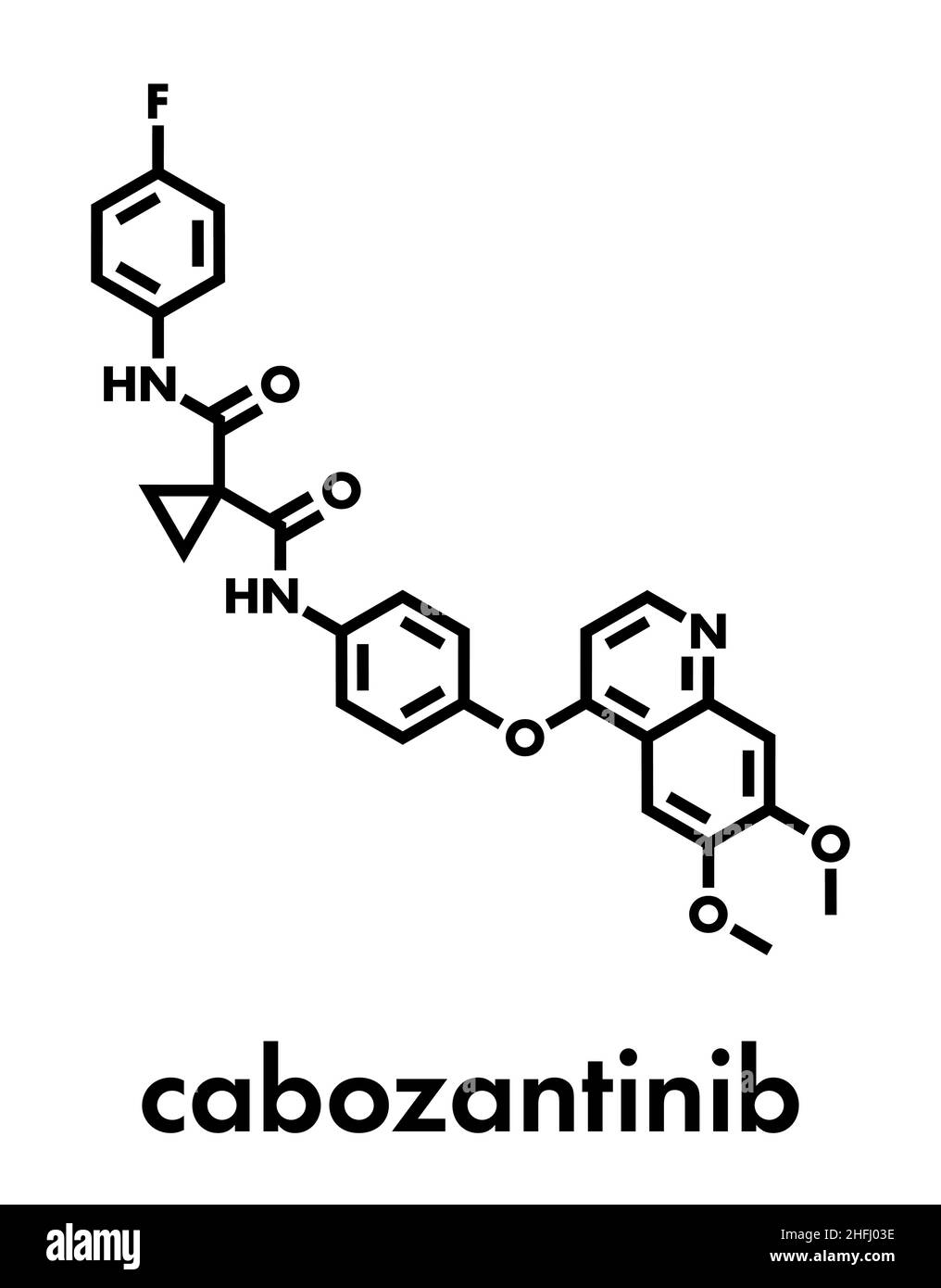 Cabozantinib cancer drug molecule. Inhibitor of c-Met and VEGFR2 tyrosine kinases, used in treatment of medullary thyroid cancer. Skeletal formula. Stock Vector