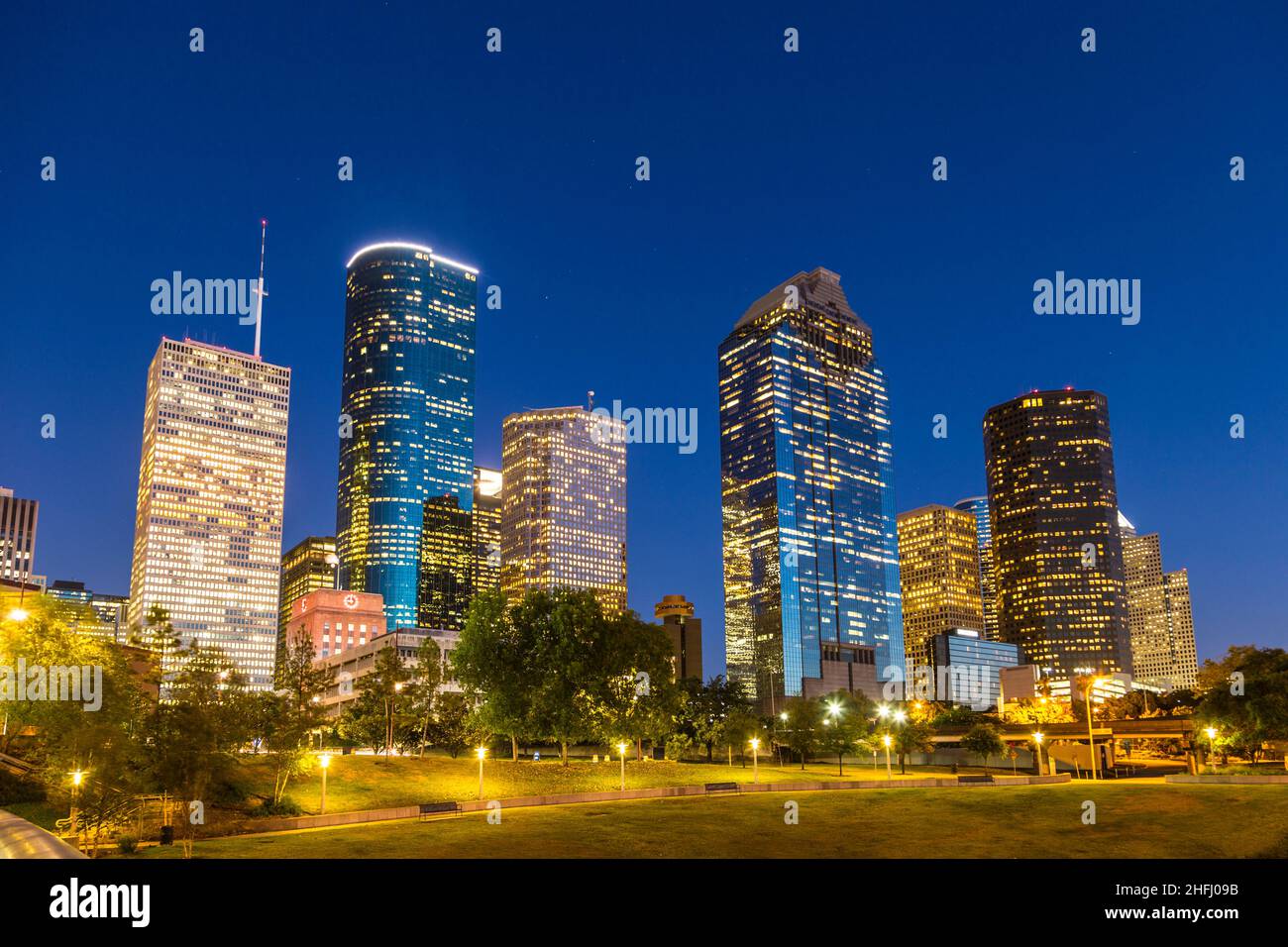 View on downtown Houston by night with skyscraper Stock Photo