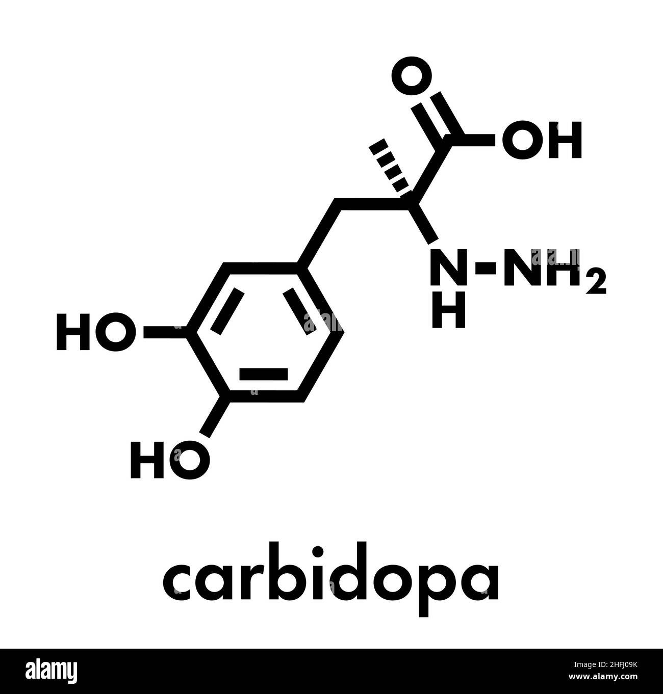 Carbidopa Parkinson's Disease drug. Prevents peripheral breakdown of levodopa, allowing more L-DOPA to reach the brain. Skeletal formula. Stock Vector