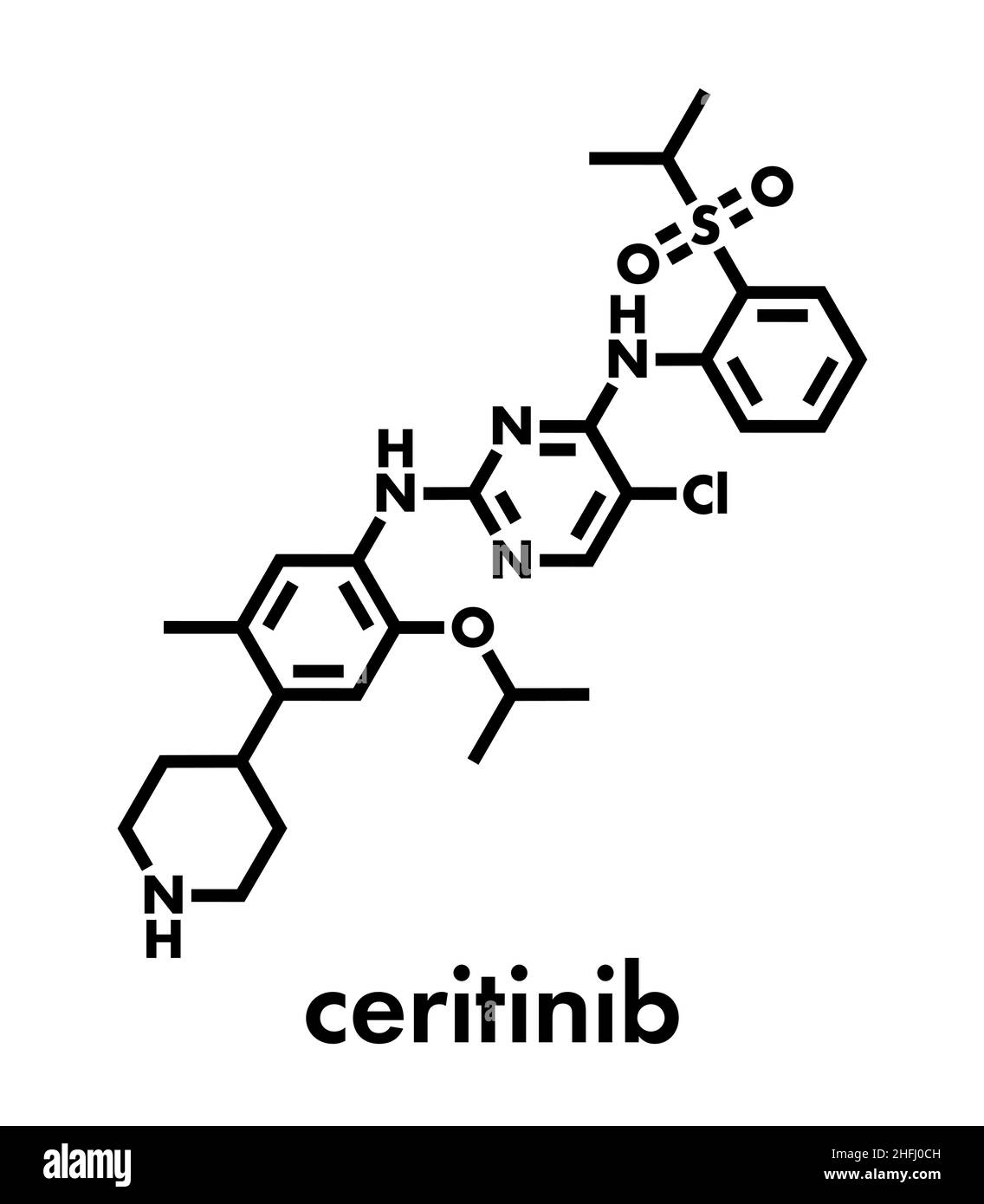 Ceritinib cancer drug molecule. ALK inhibitor used in treatment of metastatic non-small cell lung cancer. Skeletal formula. Stock Vector