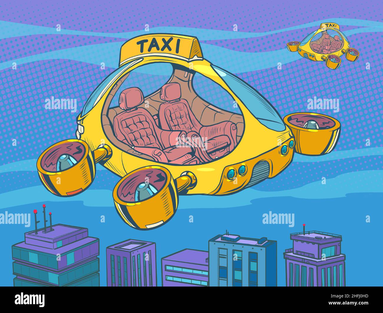 Drone air taxi, autopilot city transport. Helicopter of the future Stock Vector