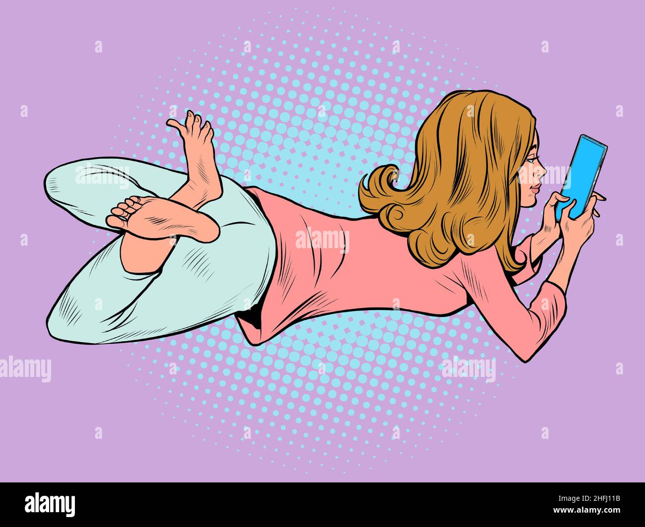 a teenage woman lies and watches a smartphone, lifestyle new technologies, chat on social networks Stock Vector