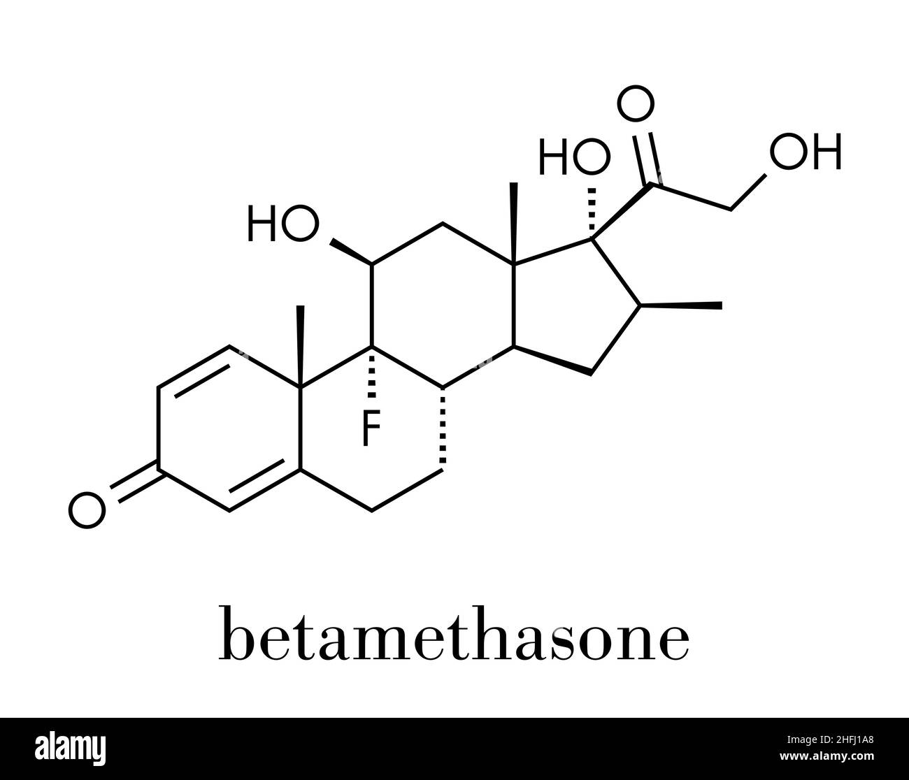 Betamethasone antiinflammatory and immunosuppressive steroid drug molecule. Skeletal formula