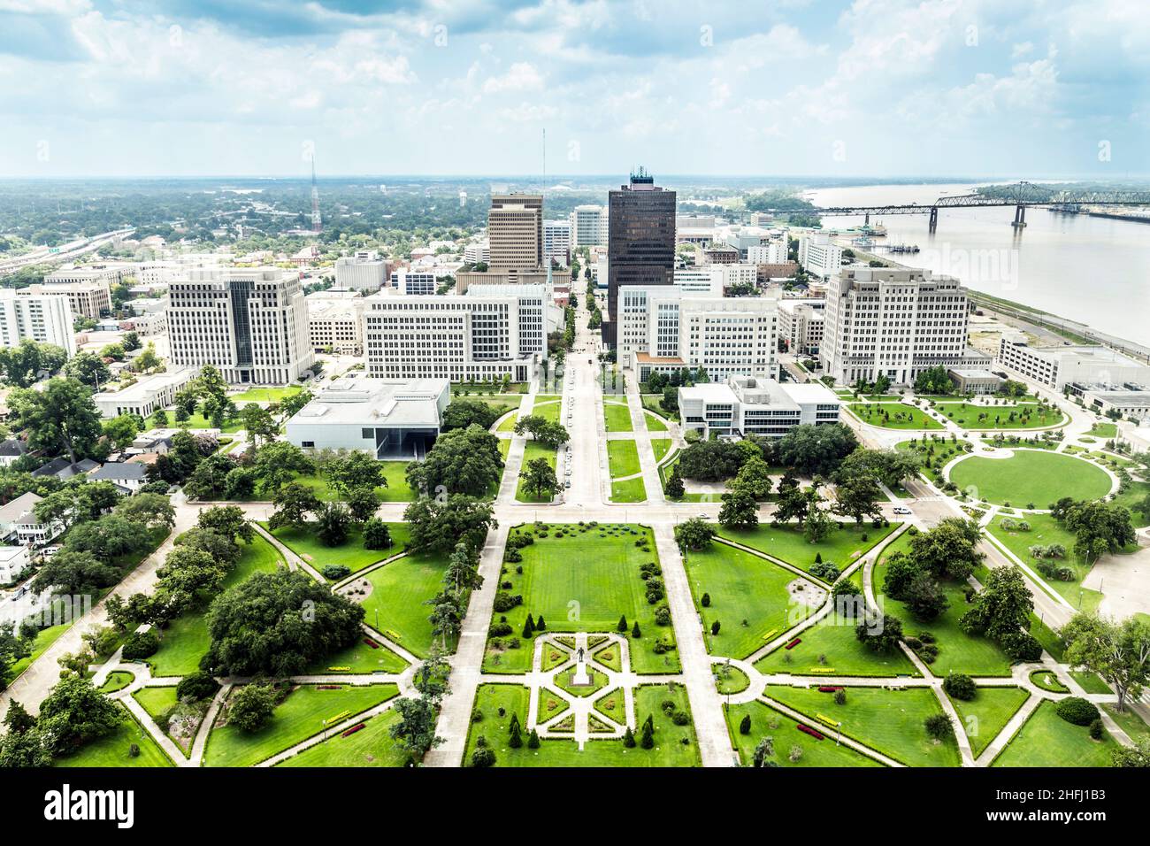 aerial of baton Rouge with  Huey Long statue and famous skyline Stock Photo