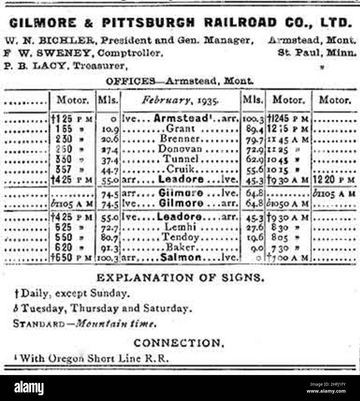 Public timetable of the Gilmore and Pittsburgh Railroad, first issued in 1910 and updated periodically thereafter. This image shows the railway schedules current as of February 1935. Stock Photo