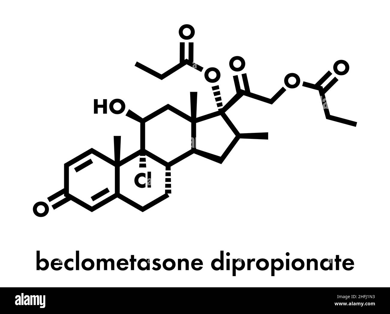 Beclometasone dipropionate glucocorticoid drug molecule. Prodrug of beclometasone. Used in prophylaxis of asthma and treatment of inflammatory skin di Stock Vector
