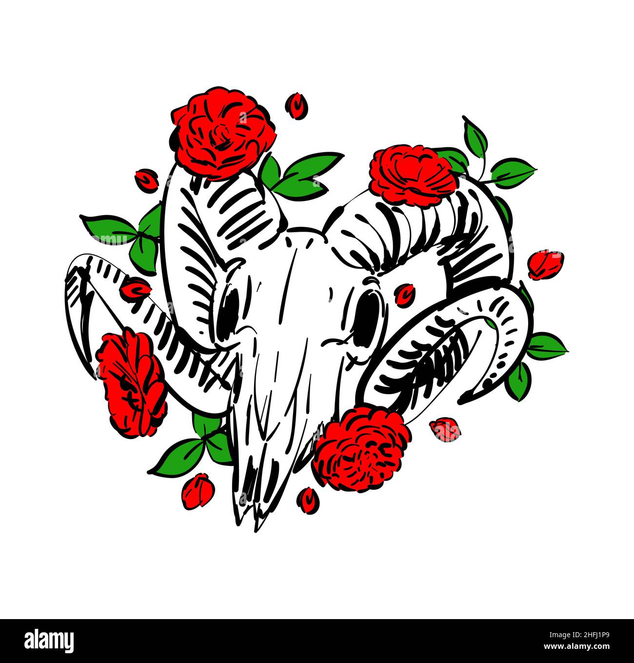 Goat skull and flower. Goat head skeleton And rose. hand drawing Vector