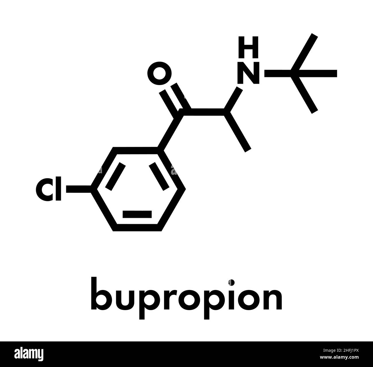 Bupropion antidepressant and smoking cessation drug molecule. Skeletal formula. Stock Vector