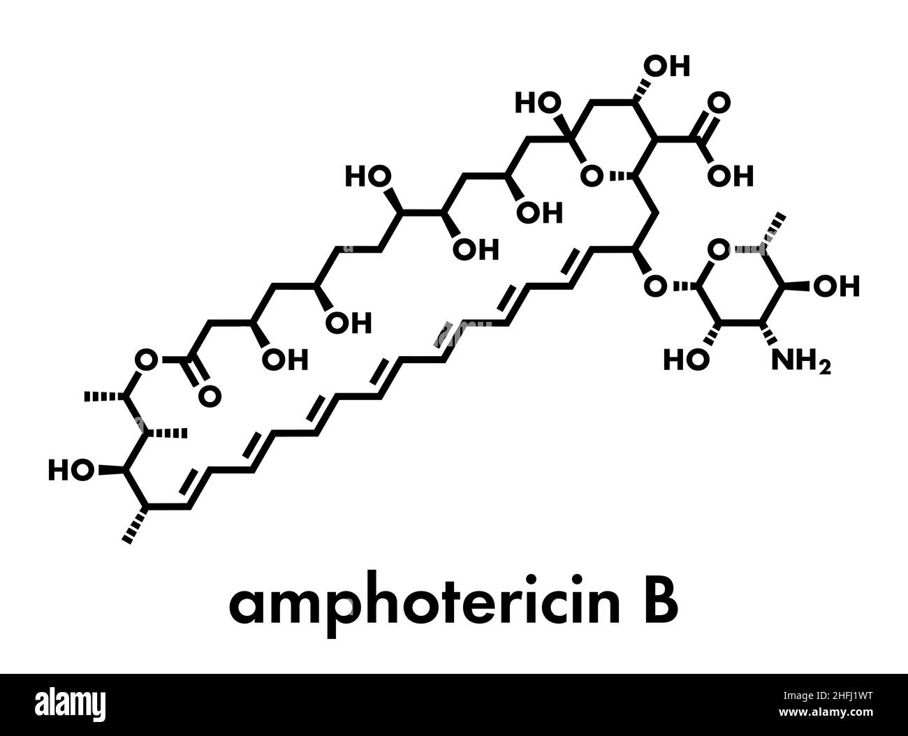Amphotericin B antifungal drug molecule. Skeletal formula. Stock Vector