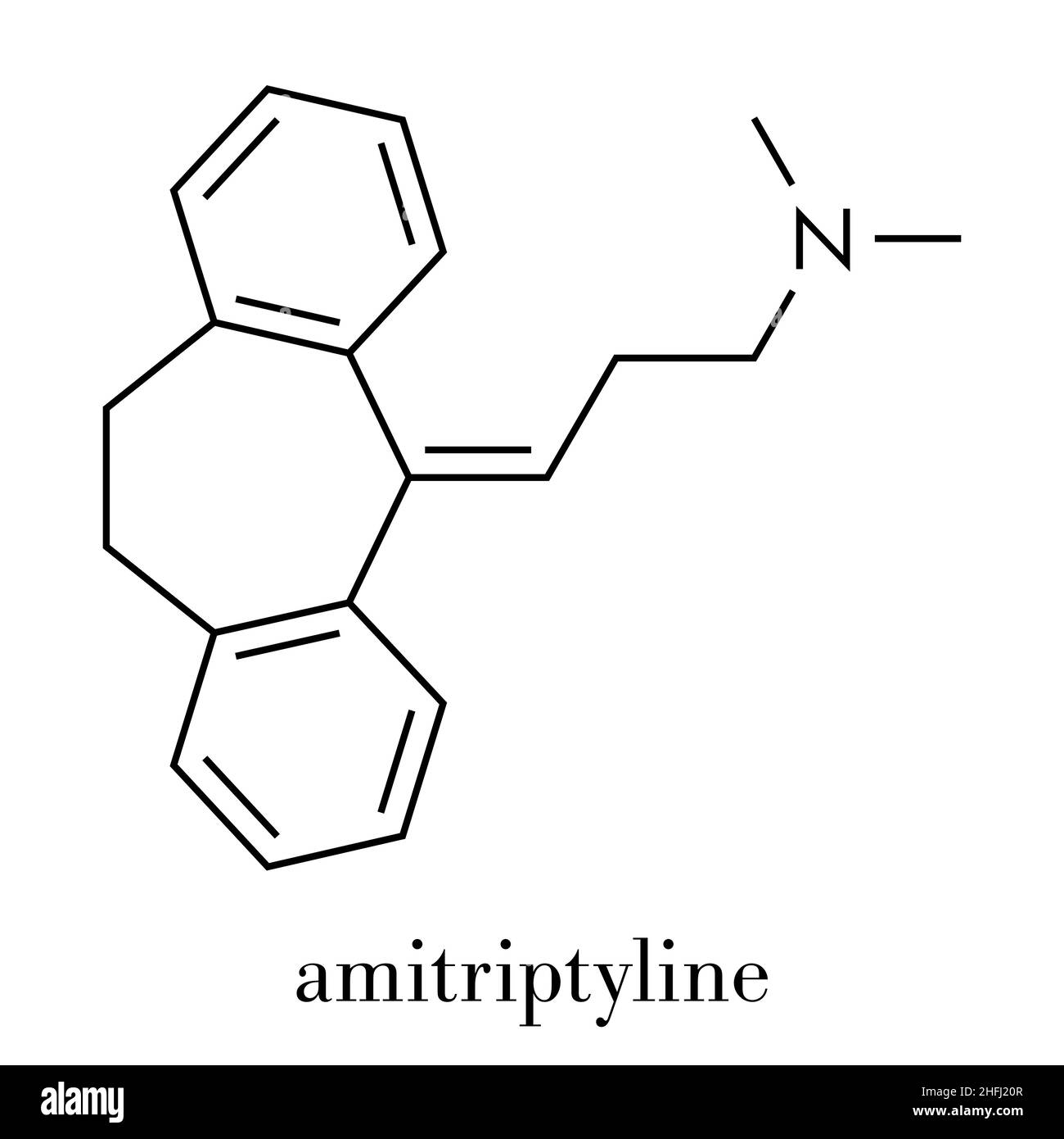 Amitriptyline tricyclic antidepressant drug molecule. Used in treatment of clinical depression. Skeletal formula. Stock Vector
