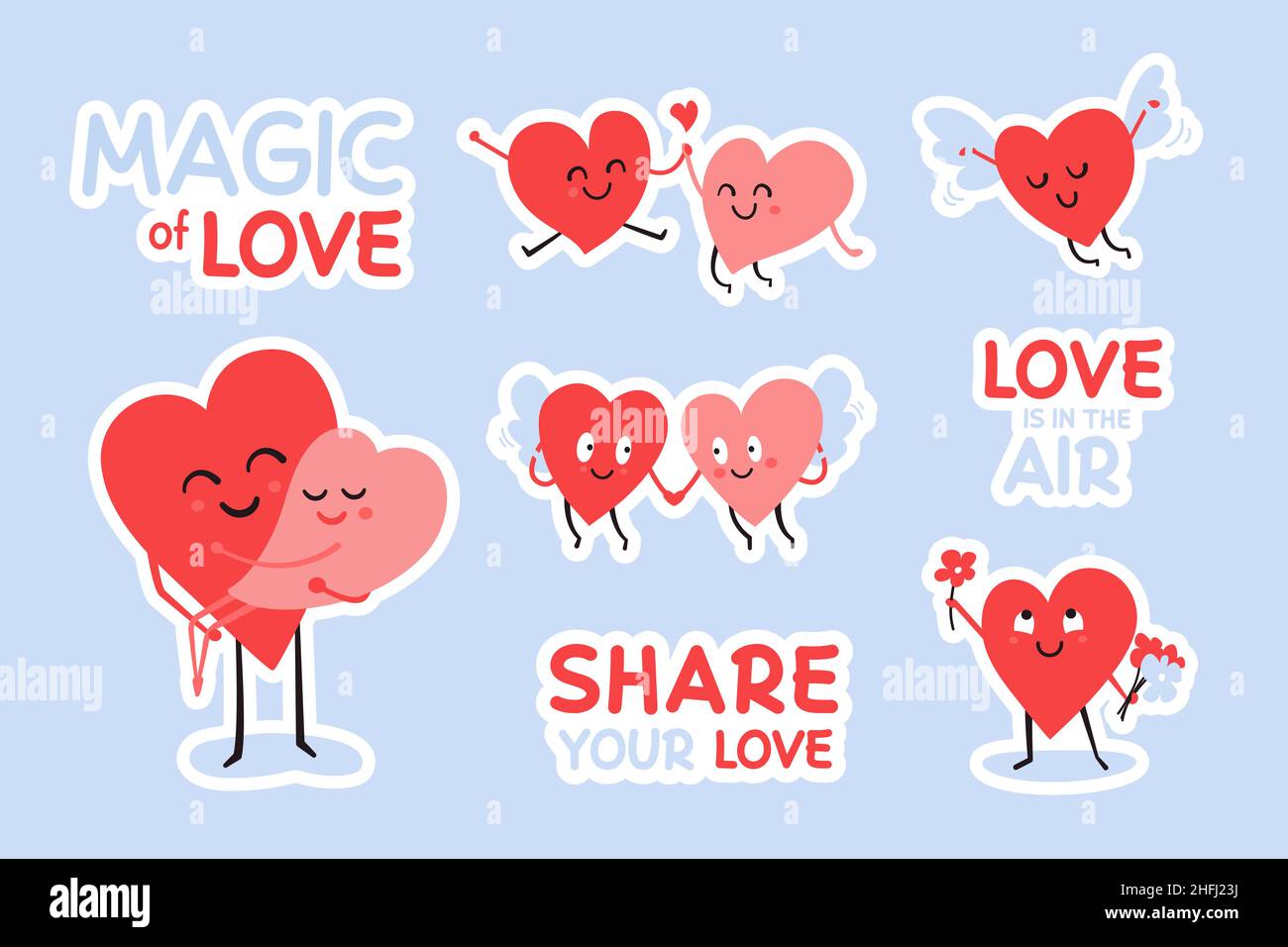 Romantic stickers with happy hearts. Vector sticker sheet for Valentines day with cute heart characters. Two angels. Couple in love holding hands Stock Vector