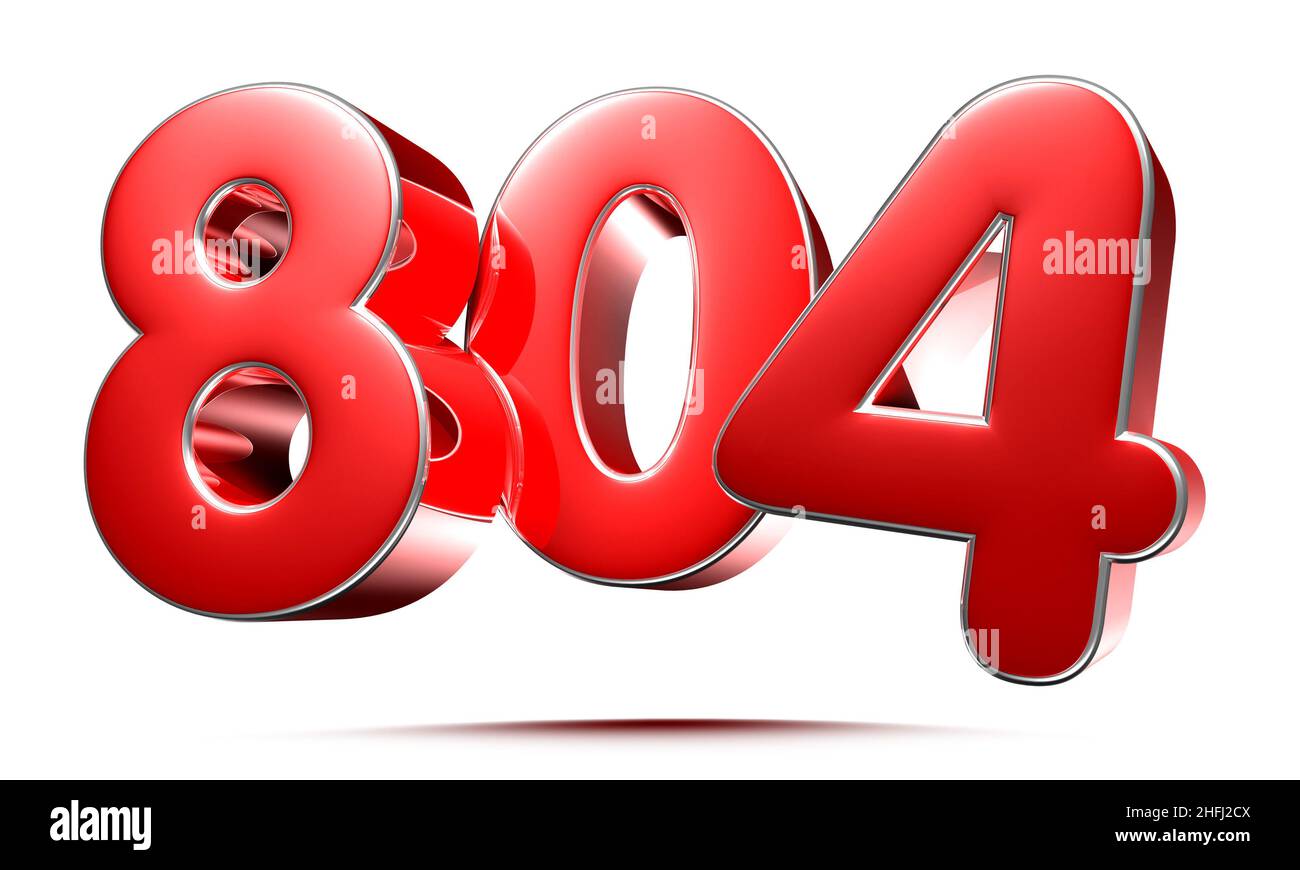 Rounded red numbers 804 on white background 3D illustration with