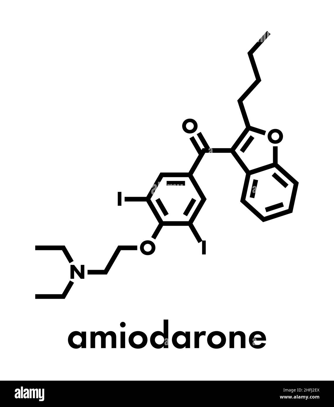 Amiodarone antiarrhythmic drug molecule. Skeletal formula. Stock Vector