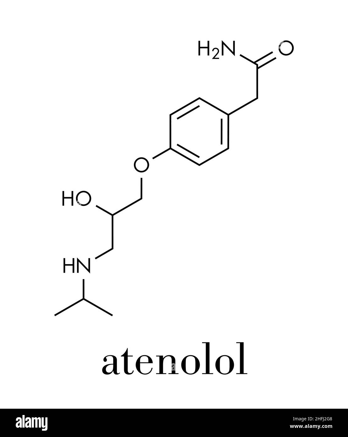 Atenolol hypertension or high blood pressure drug (beta blocker) molecule. Skeletal formula. Stock Vector