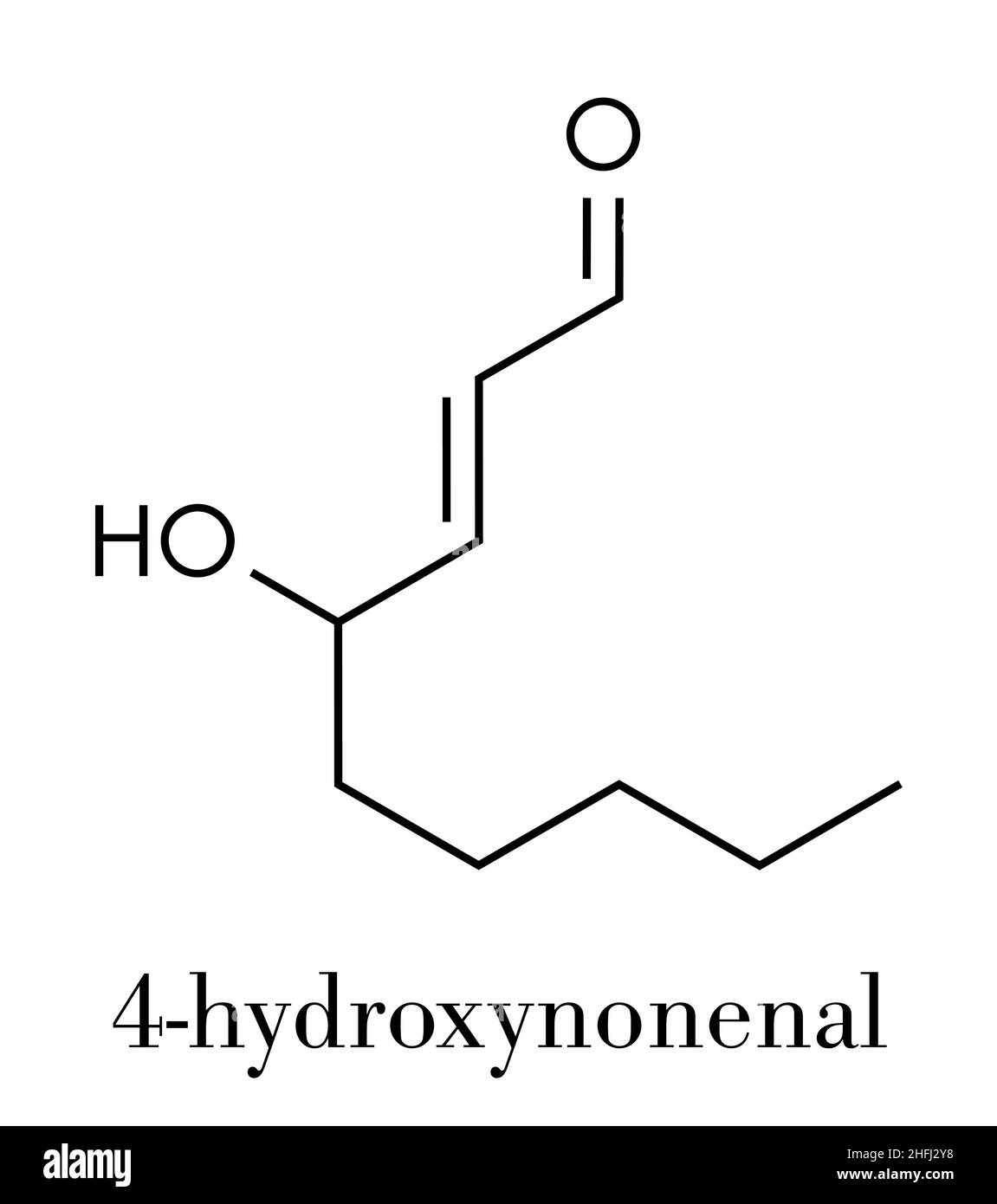4-Hydroxynonenal (HNE) molecule. Metabolite produced by lipid peroxidation of polyunsaturated omega-6 fatty acids. Skeletal formula. Stock Vector