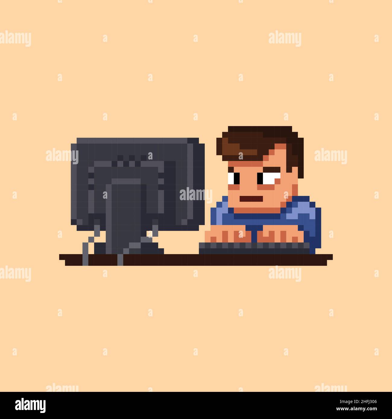 Pixel art tired male character sitting in front of computer display working on light background, 8 bit retro cartoon vector illustration Stock Vector