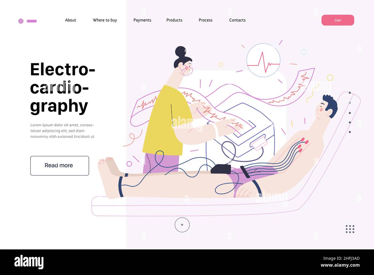 ECG electrocardiography -medical tests web template Modern flat vector concept digital illustration of ECG procedure -patient with sensors and doctor carrying out procedure, medical office, laboratory Stock Vector