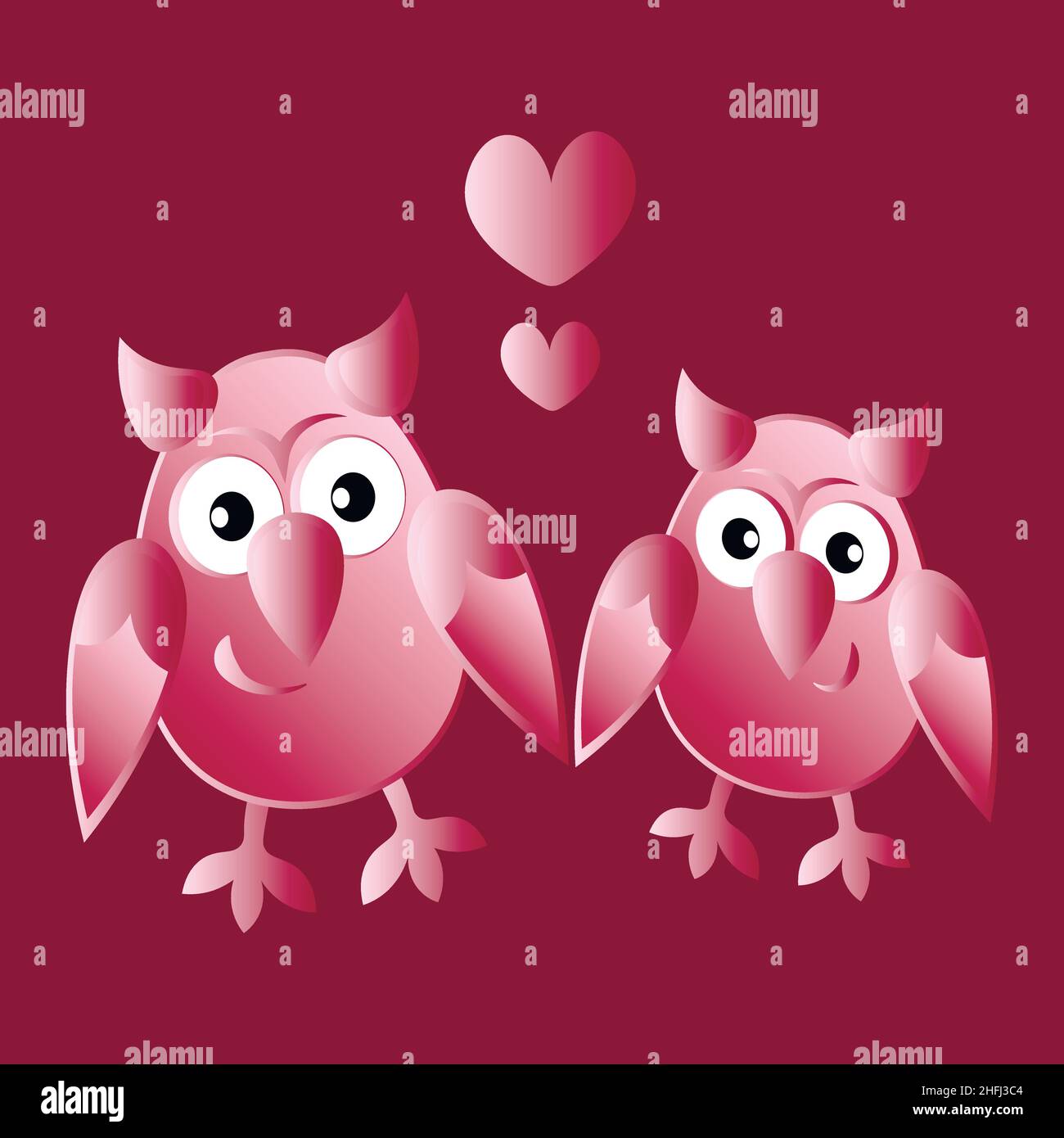 Illustration on a square background - two owls in love with hearts ...