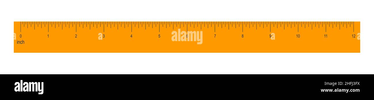 12 inches or 1 foot orange ruler isolated on white background. Math or geometric tool for distance, height or length measurement with markup and numbers. Vector flat illustration. Stock Vector