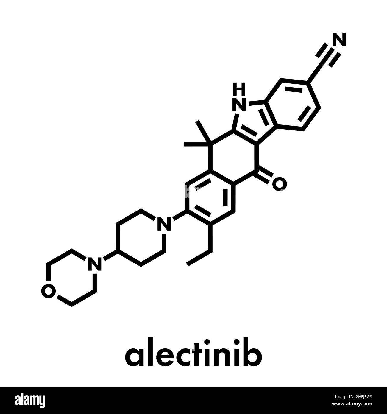 Alectinib cancer drug molecule. Skeletal formula. Stock Vector