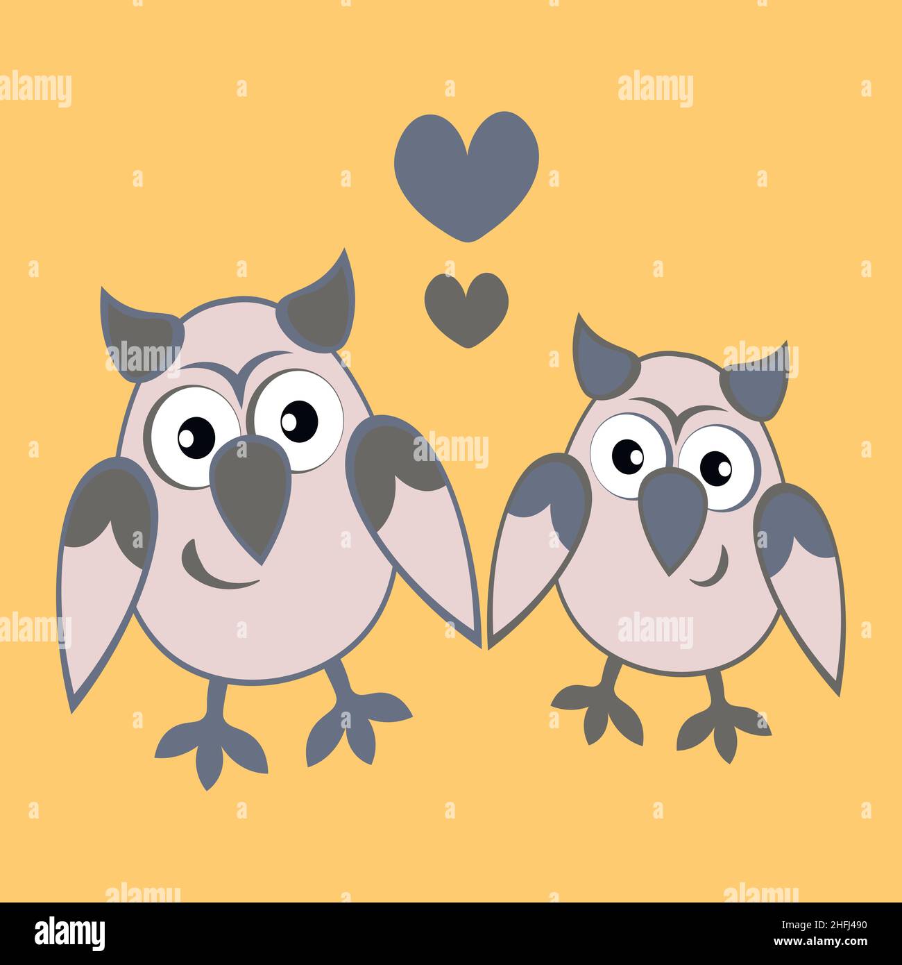 Illustration on a square background - two owls in love with hearts ...
