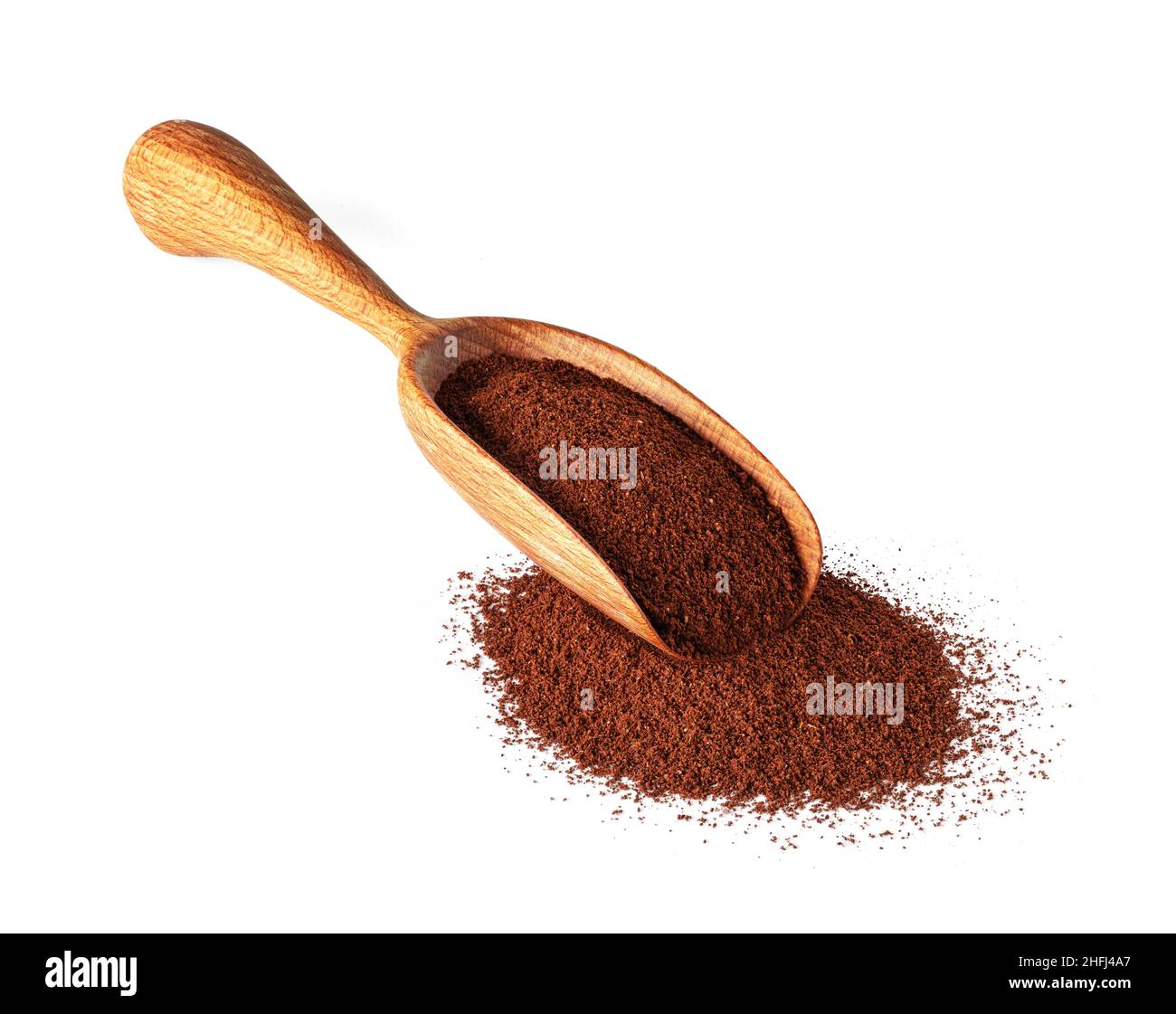 Coffee powder in wooden scoop isolated on white background Stock Photo