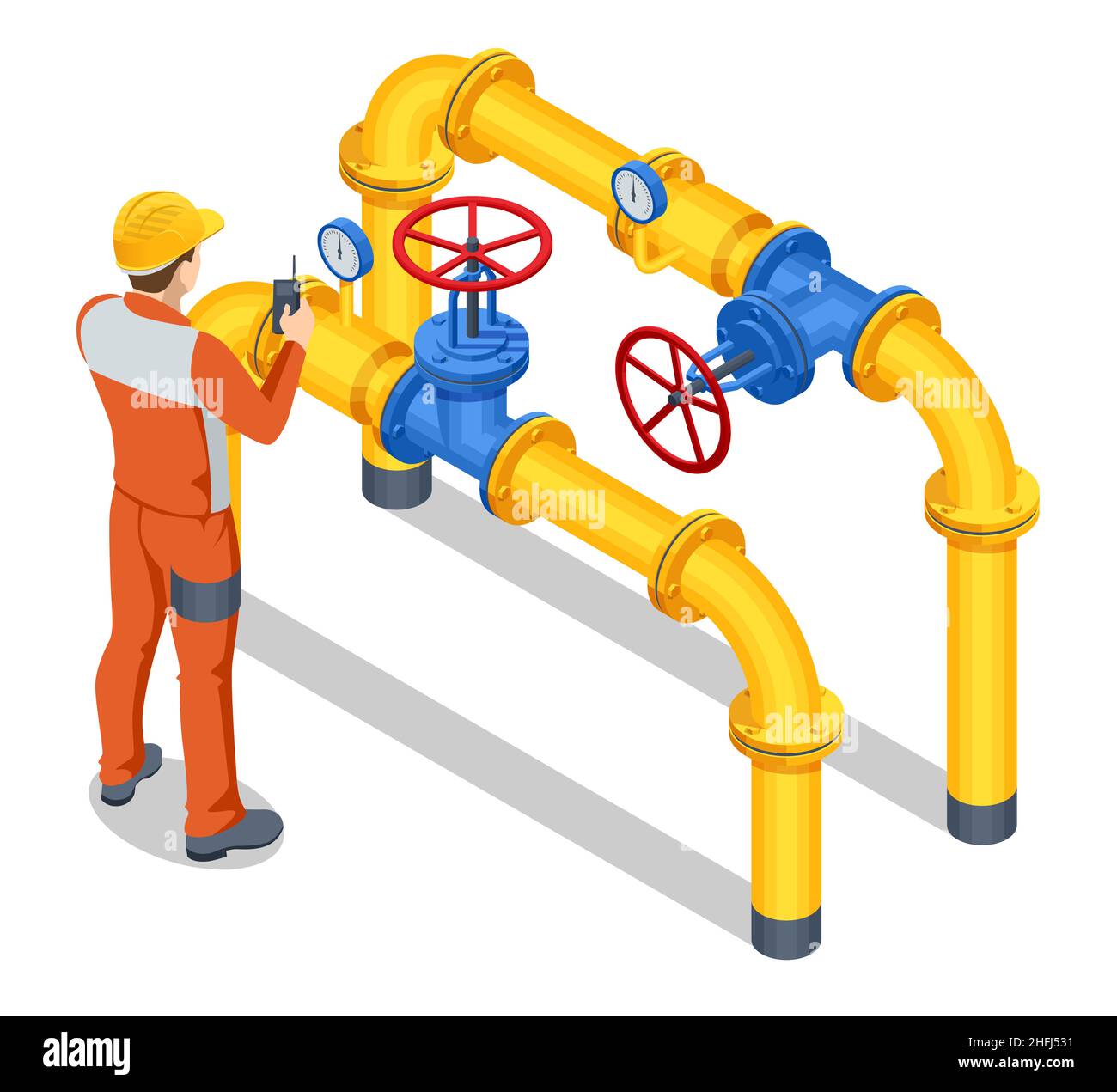 Isometric Valves and Piping, Communications, Stop Valves, Appliances for Gas Pumping Station. Opening or closing pipeline valve. Gas industry, gas Stock Vector