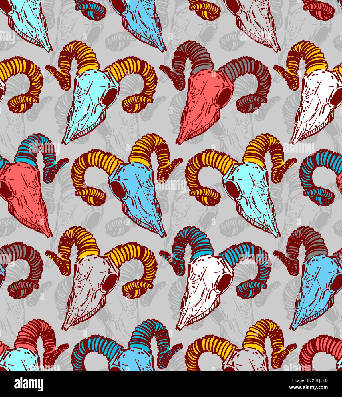 Goat skull pattern seamless. Goat head skeleton hand drawing background ...