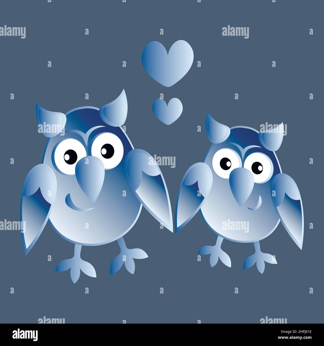 Illustration on a square background - two owls in love with hearts ...