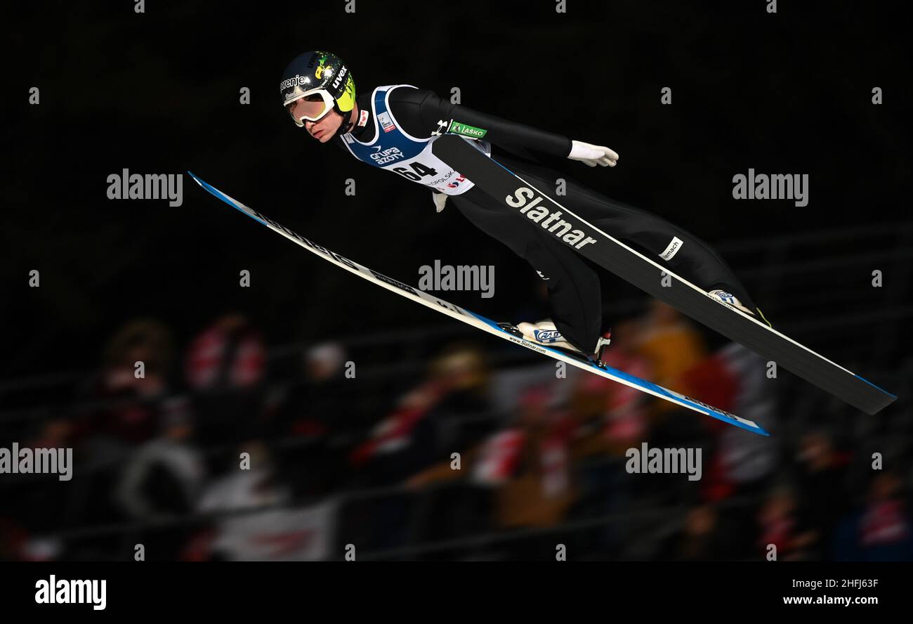 Zakopane, Poland. 16th Jan, 2022. Anze Lanisek of Slovenia competes during the men's large hill individual competition at the ski jumping World Cup in Zakopane, Poland, Jan. 16, 2022. Credit: Rafal Oleksiewicz/Xinhua/Alamy Live News Stock Photo