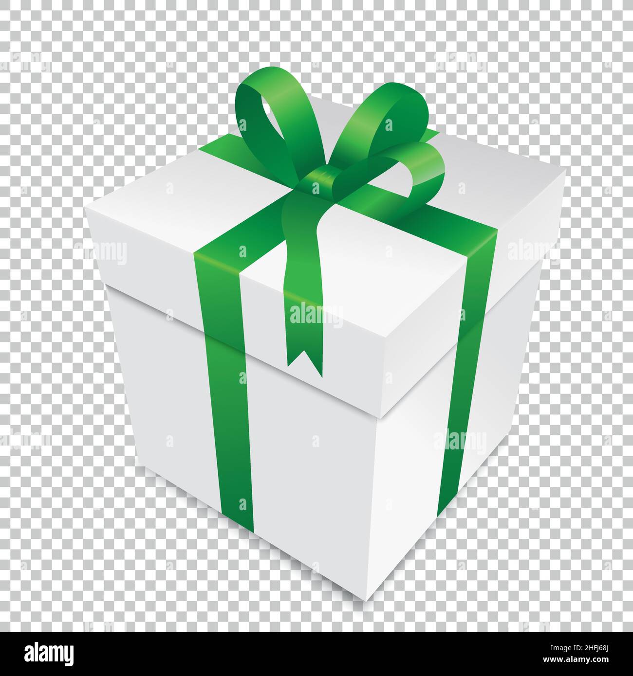 Gift box with green open ribbon isolated on transparent checked background. Vector illustration