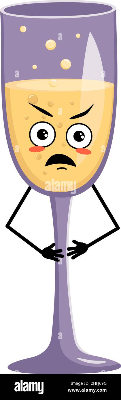 Glasses of sparkling wine character with angry emotions, grumpy face, furious eyes, arms and legs. Alcohol man with irritated expression, glass container for holidays and parties. Vector illustration Stock Vector