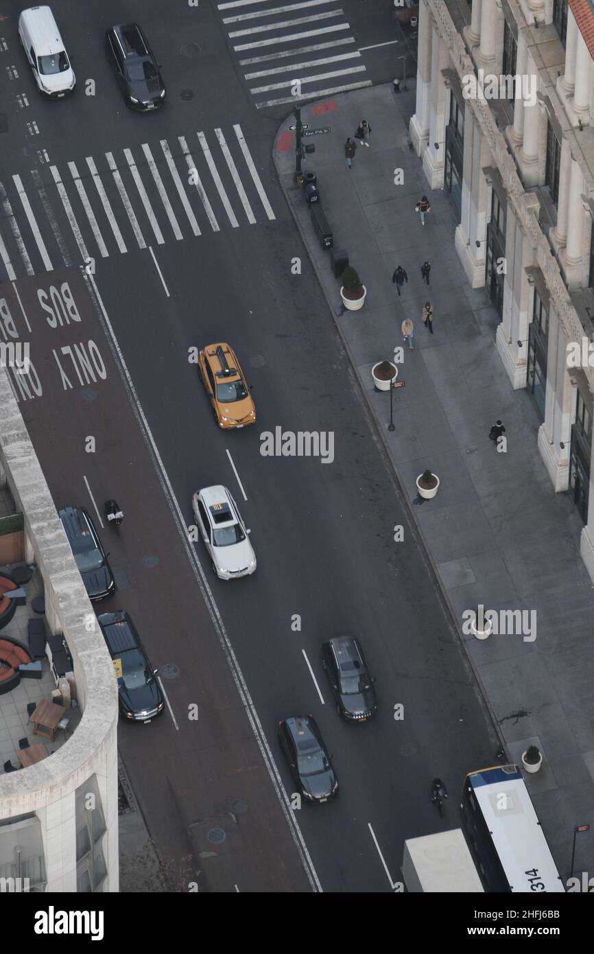 Aerial view of a New York street with a Yellow Cab Stock Photo