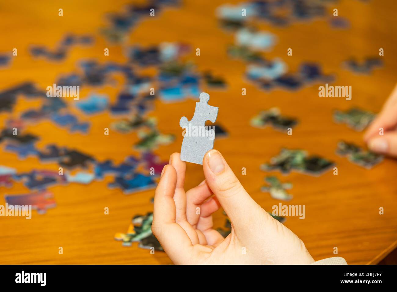 Person holding puzzle piece while working a jigsaw pizzle Stock Photo