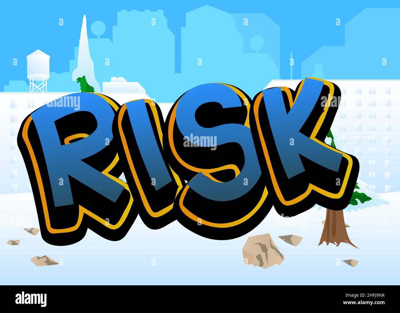 Risk. Comic book word text on abstract comics background. Retro pop art