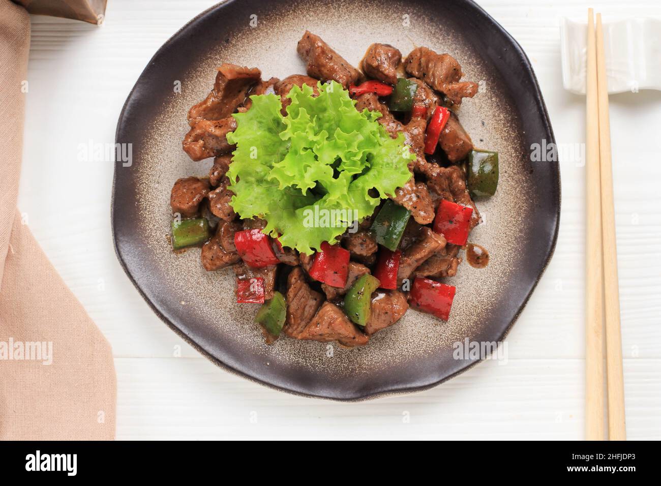 Chinese Cuisine Stir Fried Beef with Black Pepper and Paprika. Top View